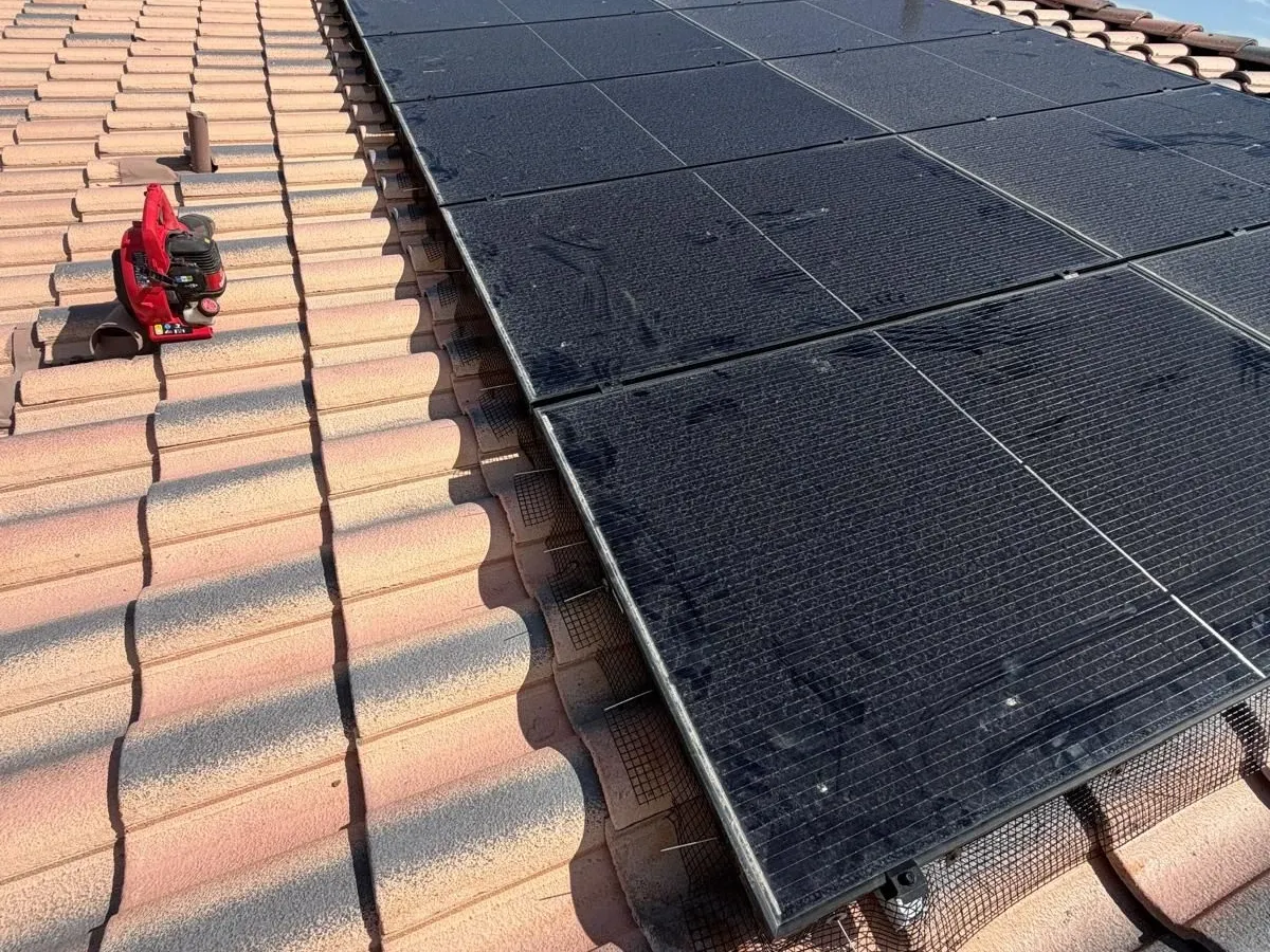 Full solar array with the roof cleaned and bird proofing in place